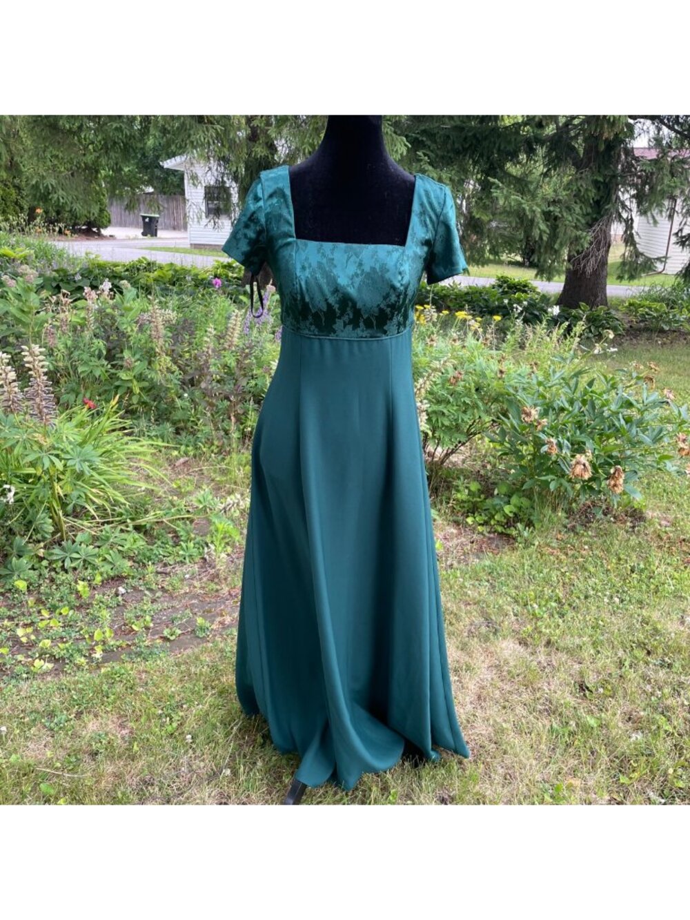Vintage 90s Maxi Dress Empire Waist Regency Green Flowy 4 Bridgerton Prom Hoco